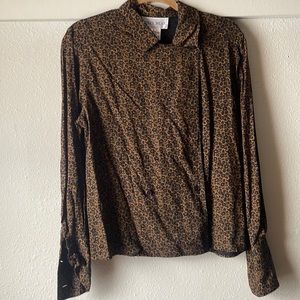 Vintage rayon brown black floral printed double breasted button blouse